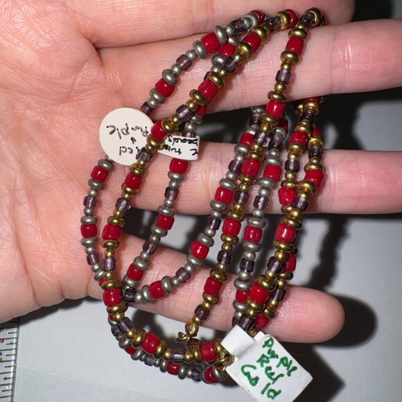 14" Long Red, Purple, and Gold Beaded Necklace - Picture 11 of 12